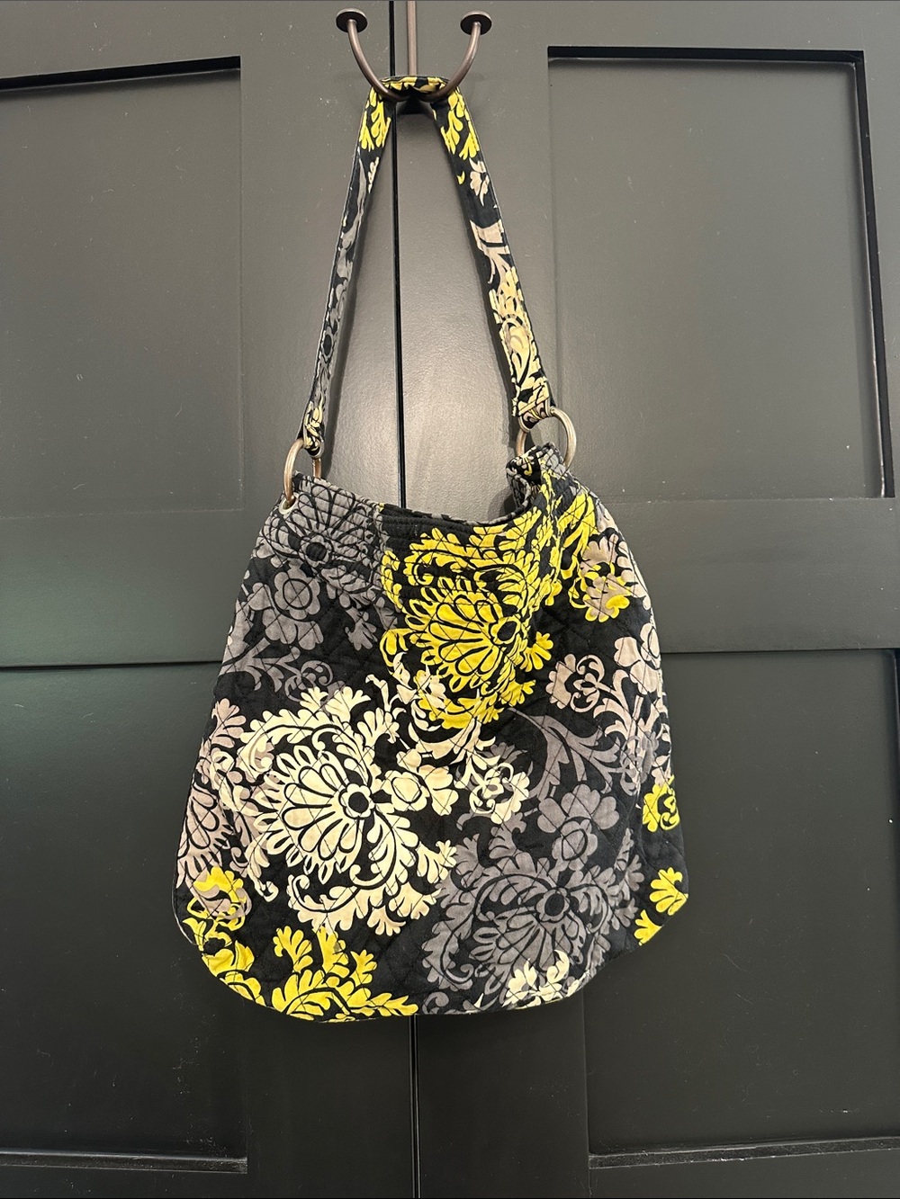 Vera Bradley Black Quilted Shoulder Bag with Yellow and Gray Floral Print